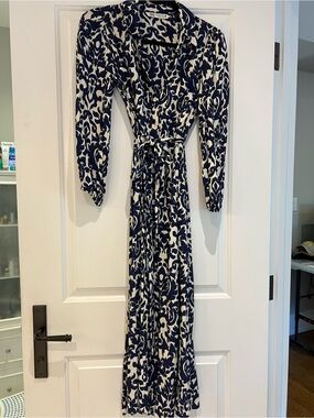 Zara Navy and White Printed Wrap Maxi Dress with Tie Waist